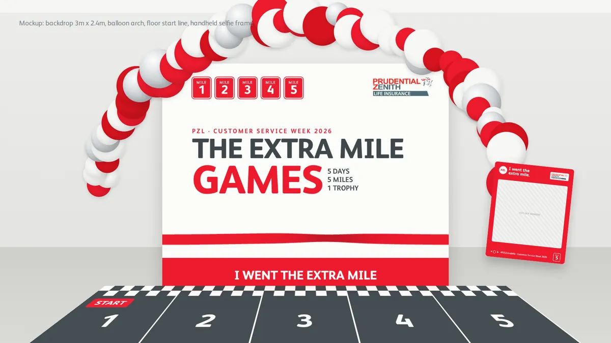 Office branding for the Extra Mile Games: backdrop arch, start line and mile markers