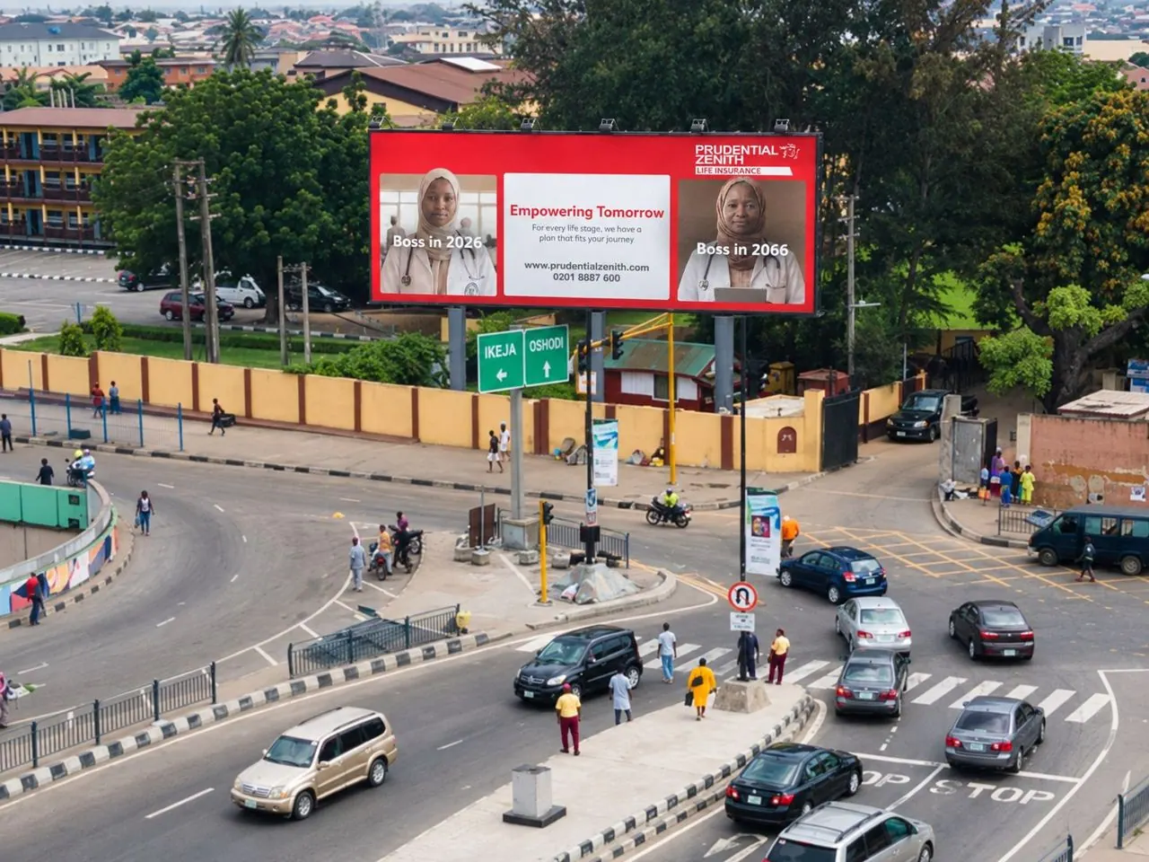 Empowering Tomorrow billboard creative over a Lagos junction: Boss in 2026, Boss in 2066